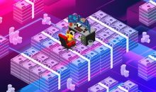 تصویری انتزاعی از مرد در جال کار با لپ تاپ روی پول ها